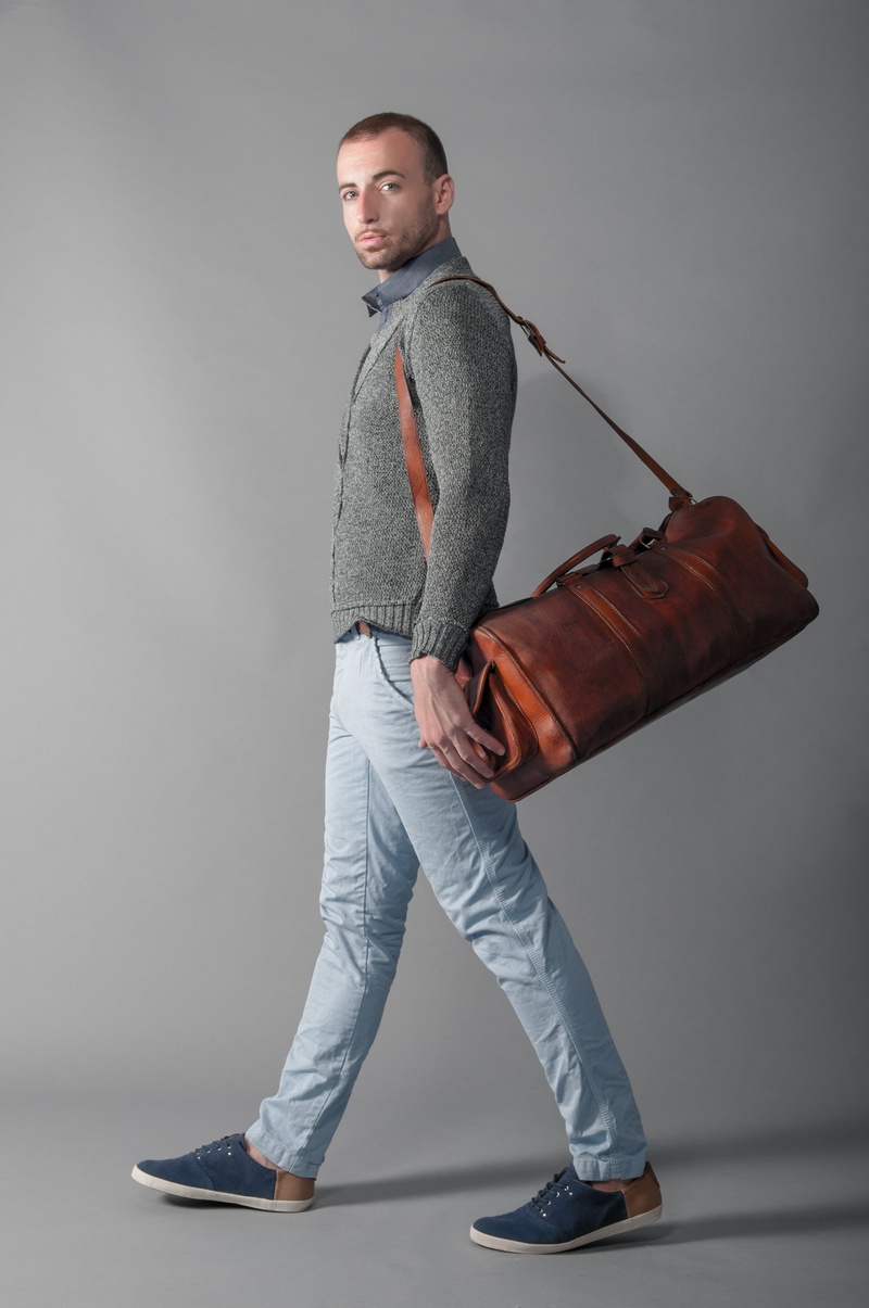shooting, casual Clothing, cool, attractive, full length, leather, looking at camera, duffel, male, leisure activity, one Person, portrait, style, studio Shot