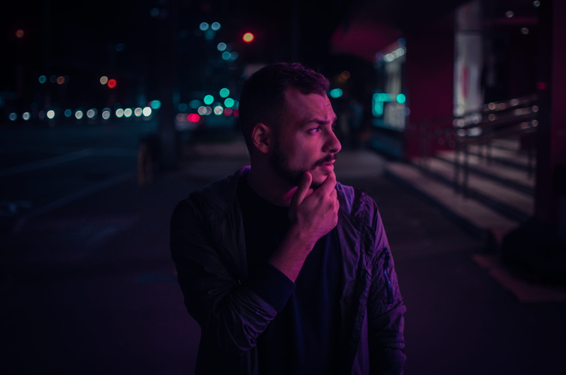 city, street, 4K, good-looking, mustache, beard, waist up, alone, young adult, adult, model, young men, man, person, looking, night, architecture, contemplation