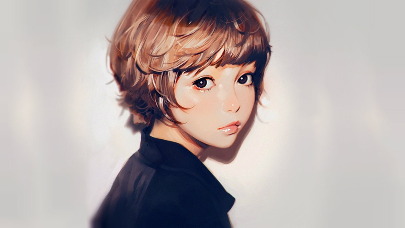 1080P, portrait, face, Ilya Kuvshinov, girl, half a turn, haircut, grey background, bangs
