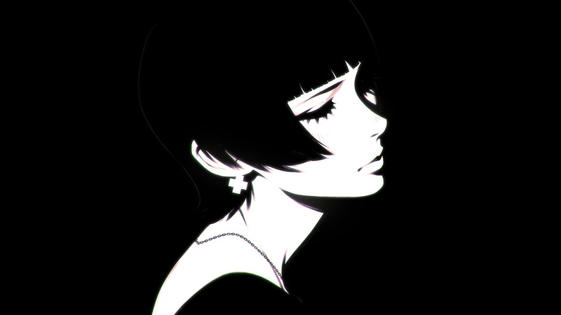 black and white, eyelashes, haircut, portrait of a girl, bangs, closed eyes, the chain around his neck, 1080P, Ilya Kuvshinov, neck