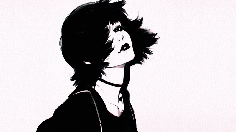 neck, Ilya Kuvshinov, lips, black and white, grey background, haircut, bangs, portrait of a girl, 1080P