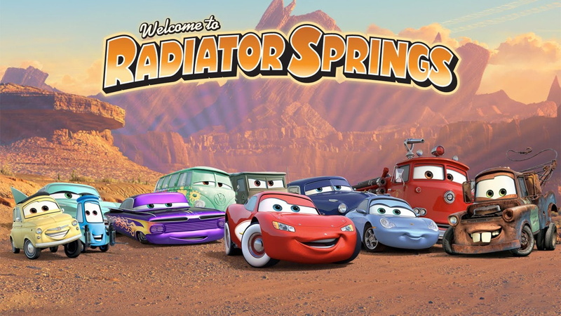 Sarge (Cars), desert, outdoors, mode of transportation, Ramone (Cars), adventure, day, Cars, communication, mountain range, Sally Carrera, western script