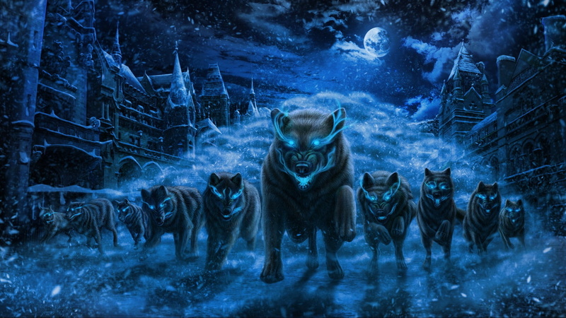 domestic animals, vertebrate, no people, land, burning eyes, the city, a pack of wolves, group of animals, snow, the full moon, portrait, Snow wolves, tree