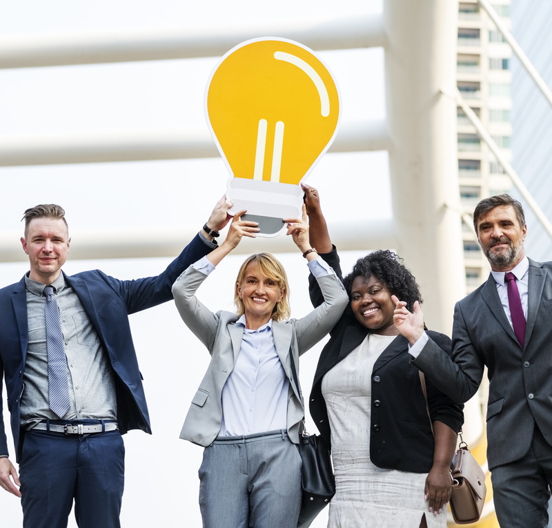 diversity, adult, arms raised, holding, downtown, african, city, smiling, colleagues, business, business person, businesswomen, professional occupation
