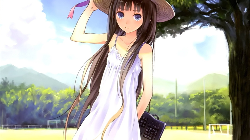 brunette, Shionji Yuuko, looking at viewer, clouds, 1080P, dress, Kami-sama no Memo-chou, forest, long hair, sky, violet eyes, straw hat, anime, anime