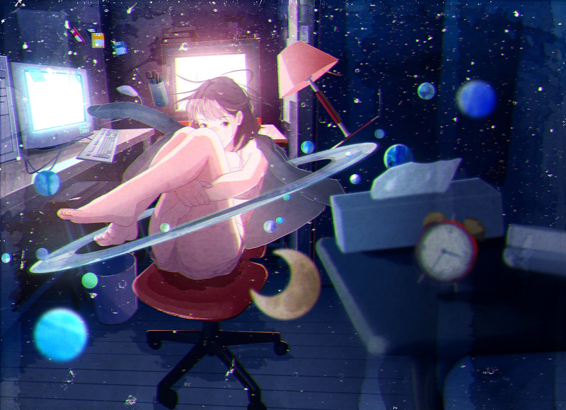 stars, glowing, zero gravity, anime girls, sitting, anime, clocks, monitor, 1080P, universe, planet, floating, dark matter