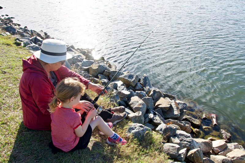 learning, lifestyles, high angle view, mentor, full length, fishing, bonding, woman, outdoors, leisure activity, daughter, sister, adult, two people, water