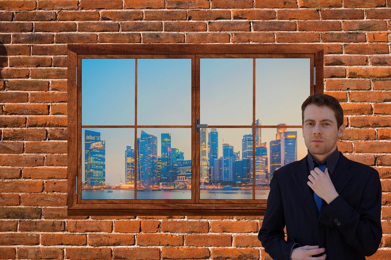 young men, one person, brick wall, entrepreneur, leader, front view, workplace, tie, contemplation, job, skyscraper, manager, 4K, young, portrait, men