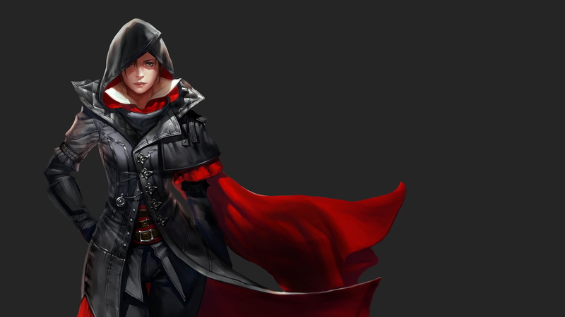 the gap, Assassins Creed Syndicate, studio shot, clothing, freckles, young women, black color, women, brunette, security, young adult, digital art, red