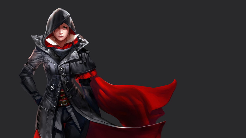 2K, looking at viewer, cape, fantasy, digital art, assassin, artwork, Assassins Creed Syndicate, hoods, simple background, face, game, green eyes, Evie Frye
