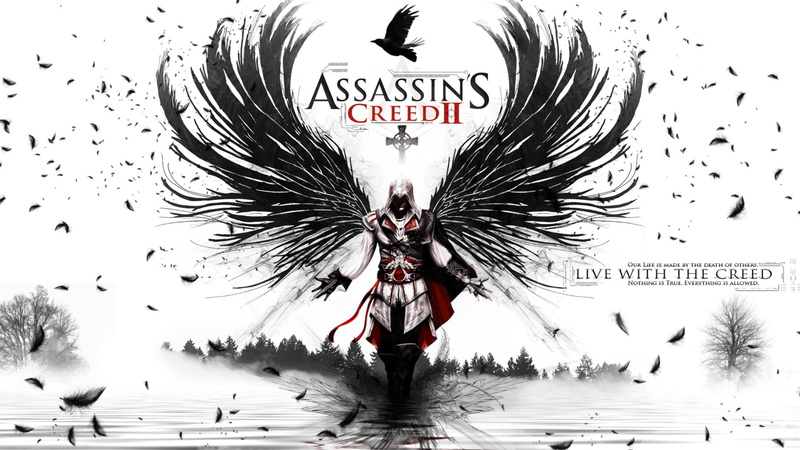 people, text, assassin, video games, indoors, emotion, Assassins Creed II, front view, communication, Assassins Creed, adult, men, digital composite, western script