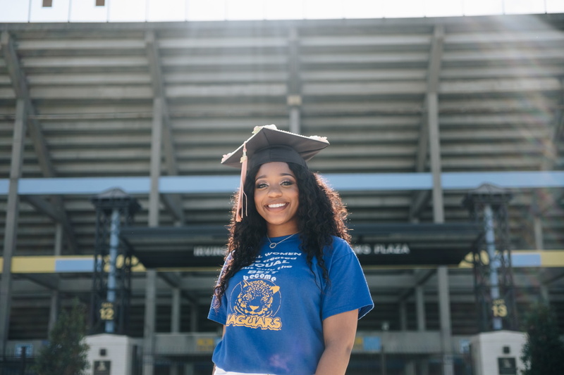 person, young women, girl, blue, graduation, front view, hairstyle, neck, happiness, woman, focus on foreground, 4K, t, hair, architecture, teeth, building exterior