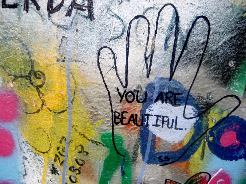 compliment, self-esteem, outdoors, graffiti, 720P, beauty, wall - building feature, full frame, text, art and craft, message, beautiful, hand print, day