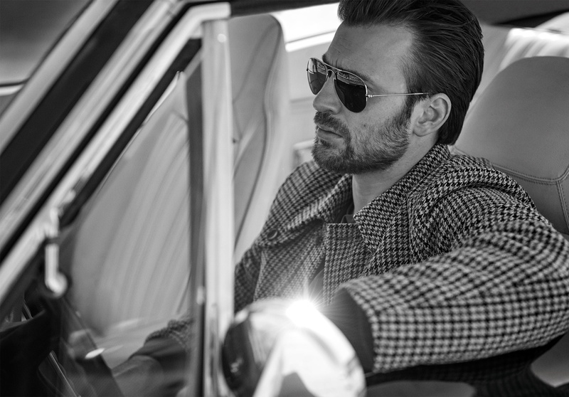 beard, sitting, salon, black and white, 1080P, driving, car, InStyle, jacket, Matthew Brookes, photoshoot, Chris Evans, glasses, 2016, actor