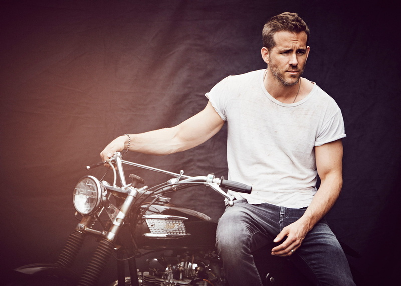 InStyle, 1080P, background, Ryan Reynolds, jeans, 2015, Matthew Brookes, actor, t-shirt, motorcycle, journal, photoshoot