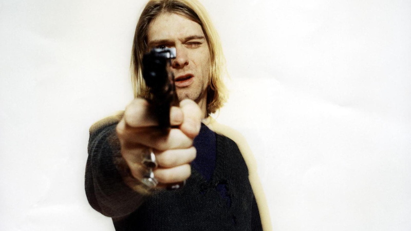 hair, simple, cobain, long, man, gun, photography, celebrities, simple background, star, 1080P, long hair, singer, kurt cobain, kurt, background