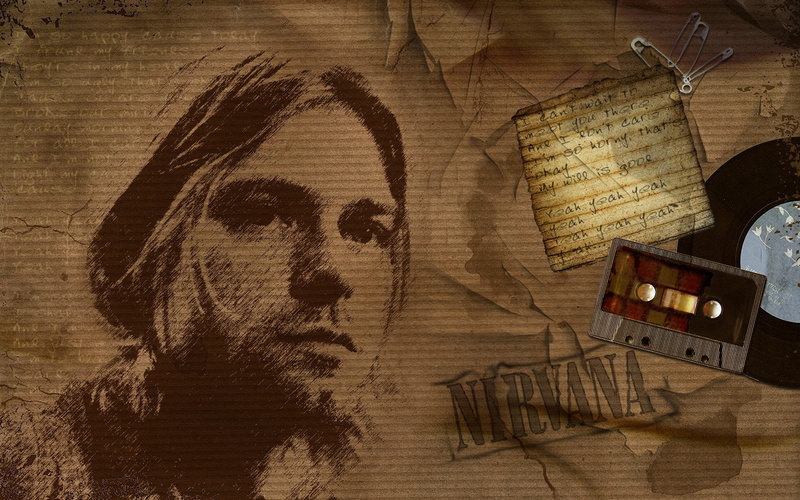 high angle view, table, Nirvana, creativity, retro styled, old, communication, Music, shadow, Kurt Cobain, 720P, representation, art and craft, illustration