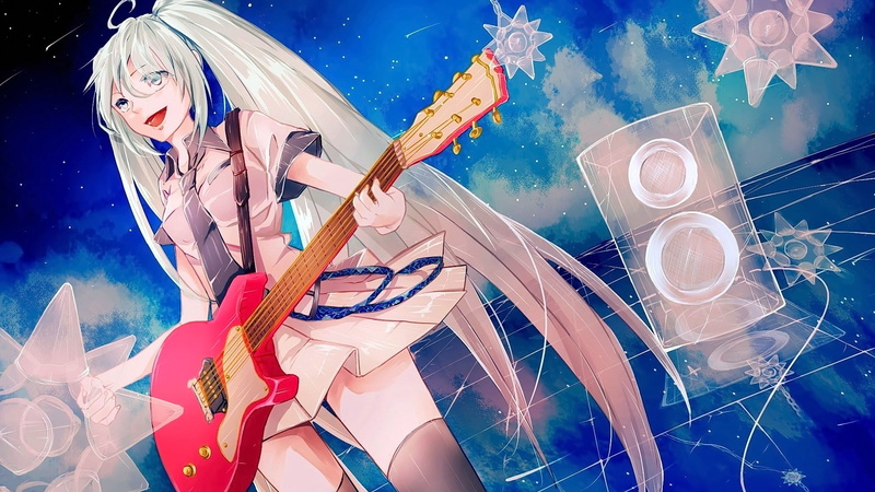 open mouth, anime girls, Hatsune Miku, long hair, guitar, looking at viewer, looking away, musical instrument, white hair, 1080P, Vocaloid, anime