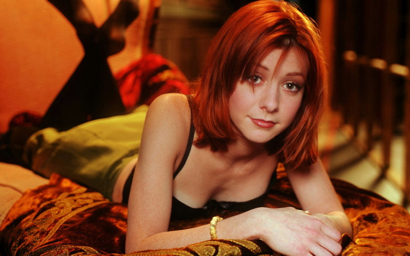 one person, indoors, portrait, furniture, redhead, hair, hairstyle, young women, adult, looking at camera, beautiful woman, bed, alyson hannigan, dyed red hair