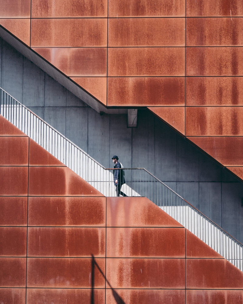 city Life, copy Space, railing, person, man, steps, minimal, architecture, people, symmetry, one Person, running, outdoor, stair, male, business, outdoors