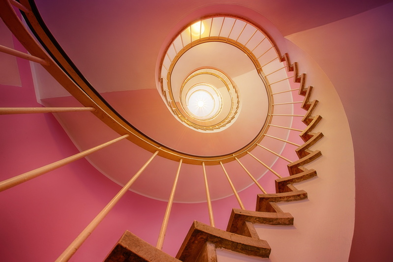 upgrade, built structure, illuminated, architectural feature, indoors, no people, low angle view, stair step, pattern, pink, steps and staircases, treppengeländer