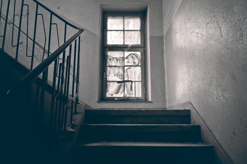 mystical, house, grayscale, forget, indoors, dilapidated, weird, railing, architecture, steps and staircases, gradually, black white, atmosphere, photography
