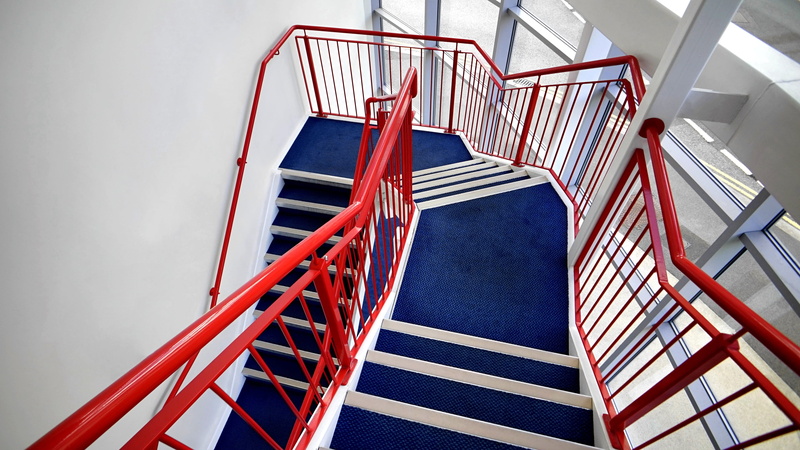 design, light, spiral staircase, directly above, stairs, railings, interior, white, security, absence, exit, step, ascending, modern, stairway, built structure