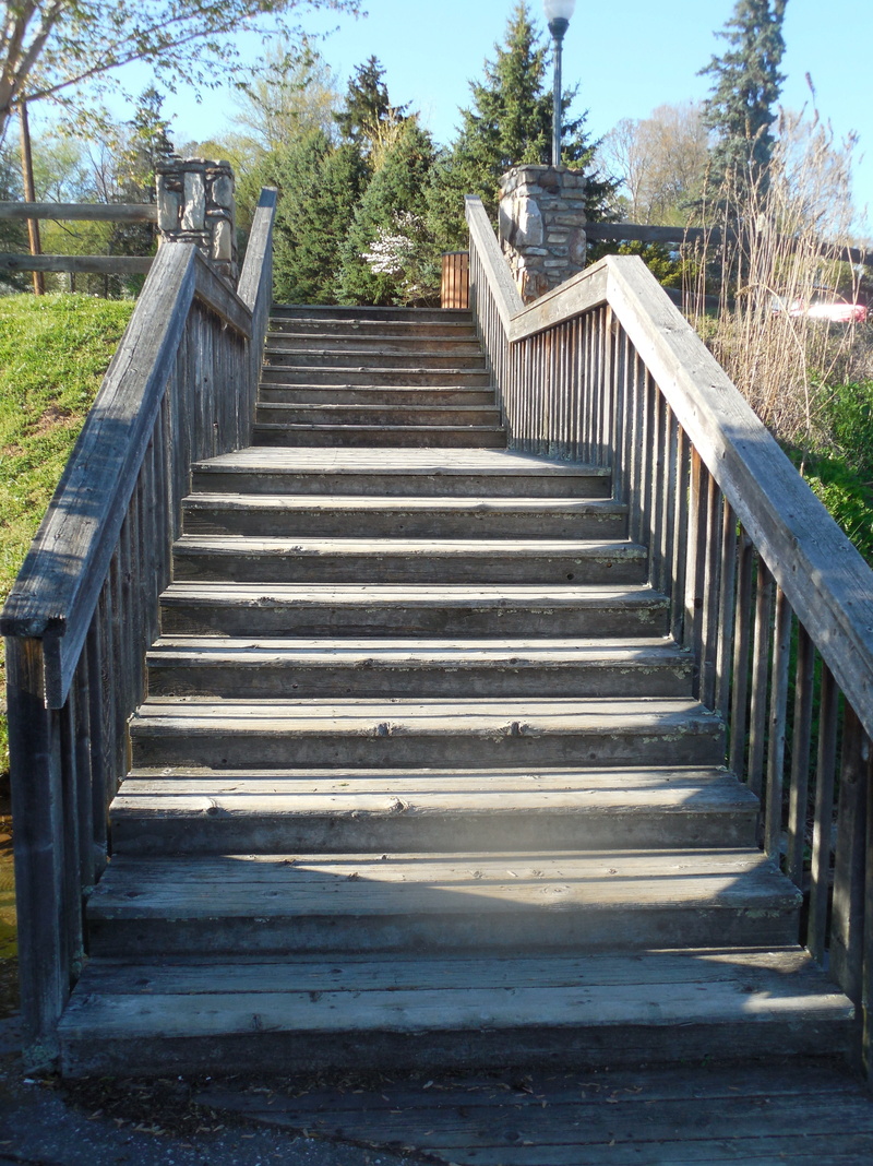 staircase, spindles, ascending, handrail, ladder, connection, railing, outdoors, wood - material, low angle view, ascend, diminishing perspective, climb