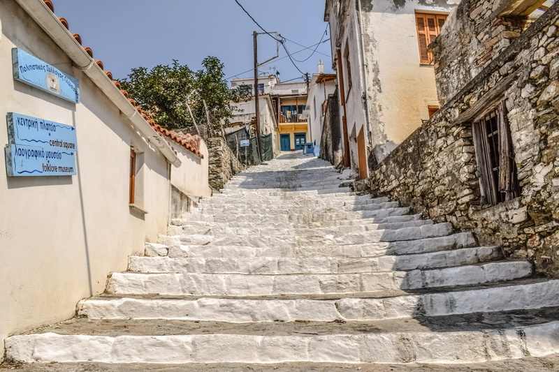 town, street, outdoors, greece, building exterior, island, building, residential district, wall, traditional stairs, sporades, architecture, stairway, greek