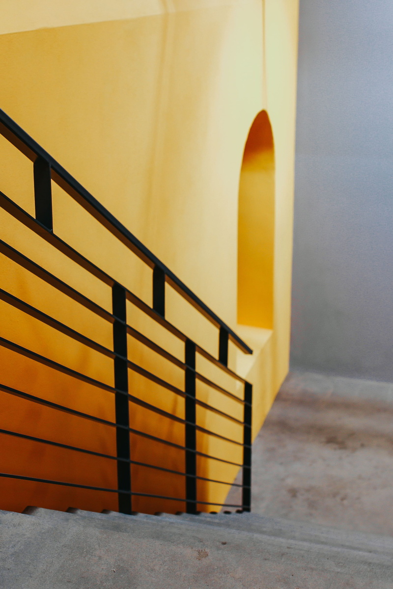 yellow, wall - Building Feature, architecture, protection, rail, handrail, metal, empty, built structure, day, steps, Staircase, cold temperature, steps and staircases