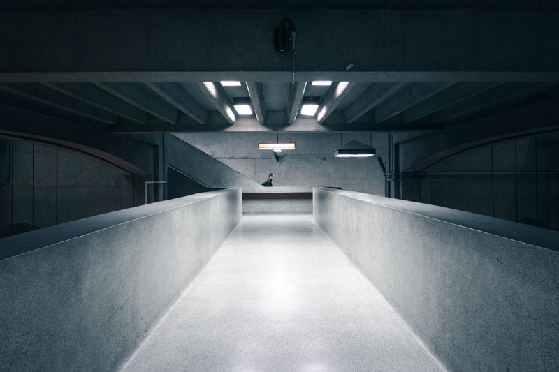 perspective, modern, parking lot, concrete, built structure, subway, parking garage, no people, one person, person, hall, wall, people, underground, building
