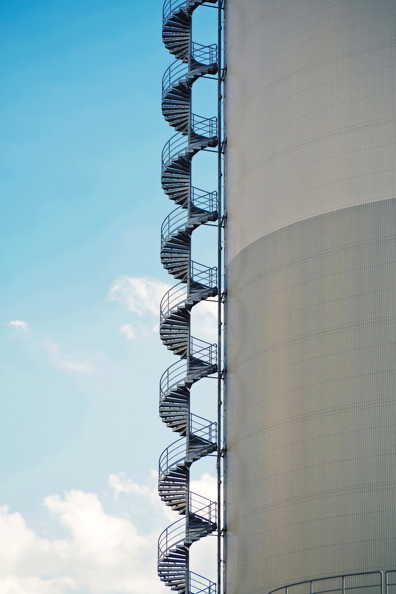 sunlight, spiral staircase, industrial building, geometry, building exterior, 4K, staircase, built structure, perspective, fire escape, low angle view