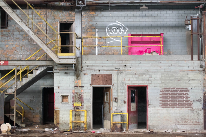 Stairs, indoors, red, abandoned, doors, brick wall, steps, no people, interior, Industrial, grey, building exterior, 5K, day, communication, built structure