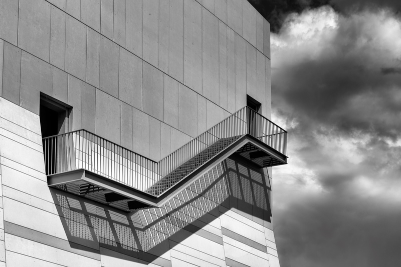 tech, stairs, office, building exterior, wall, office building exterior, railing, black and white, contrast, built structure, cloud - sky, black, nature