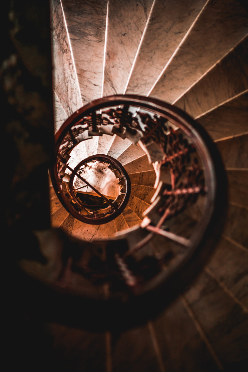 staircase, view, 5K, directly above, lighting equipment, no people, spiral, staricase, steps and staircases, illuminated, orange, low, angle, stair, rail