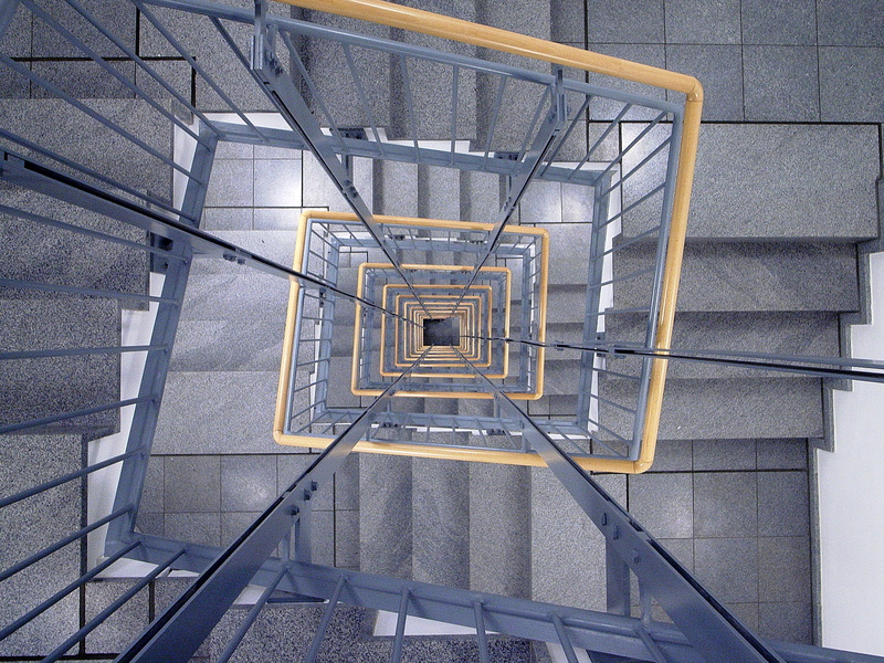 indoors, steps and staircases, low, repetition, 2K, built structure, directly above, photography, steel, view, fire escape, no people, design, metal, ladder