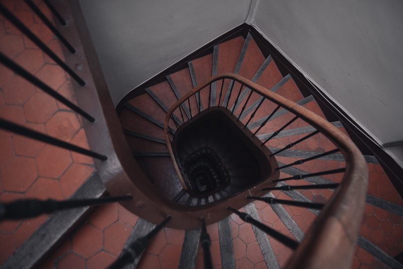 spiral staircase, stairs, veil, railing, 5K, diminishing perspective, steps and staircases, architecture, wrought iron, handrail, diving, apparel, indoors
