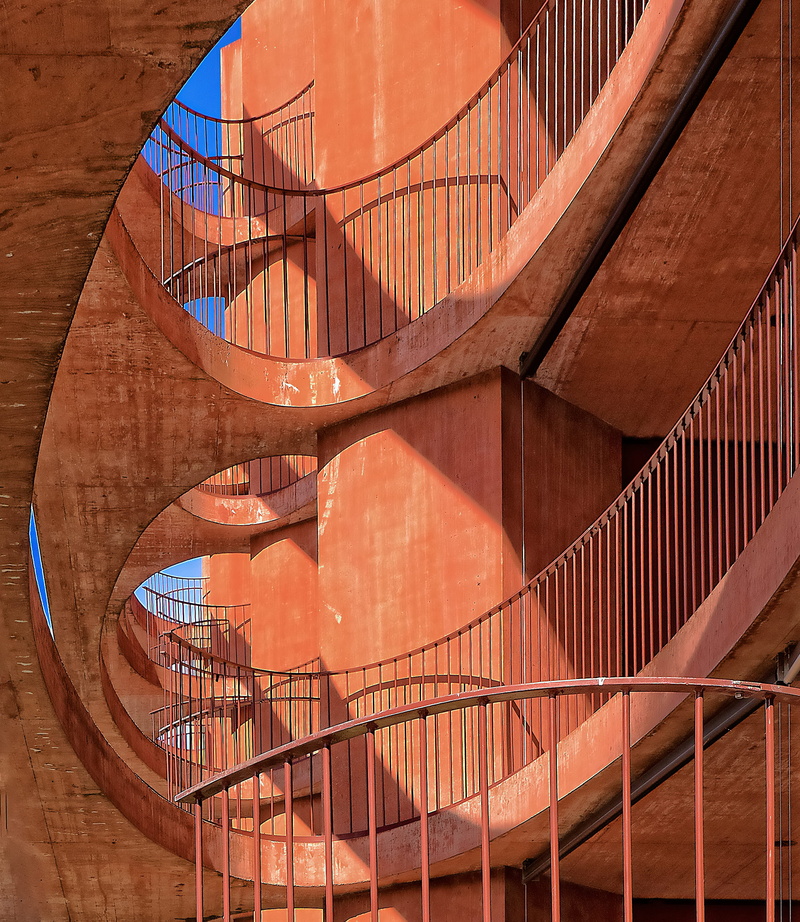 metal, modern, staircase, built Structure, railing, photography, low, orange, urban Scene, brown, sunlight, pattern, steps and staircases, wood - material