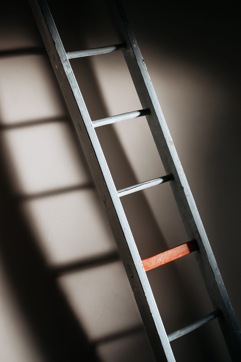 flooring, staircase, ladder, white, metal, step by step, wooden, soft, 5K, wall - building feature, scale, step, shadows, soft shadow, lean, wall, close-up