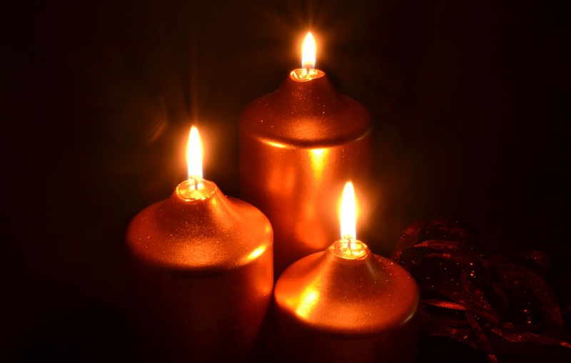 indoors, night, three, no people, close-up, candles, black background, cozy, dark, sparkle, candlelight, advent, lights, luminosity, brown, christmas, studio shot