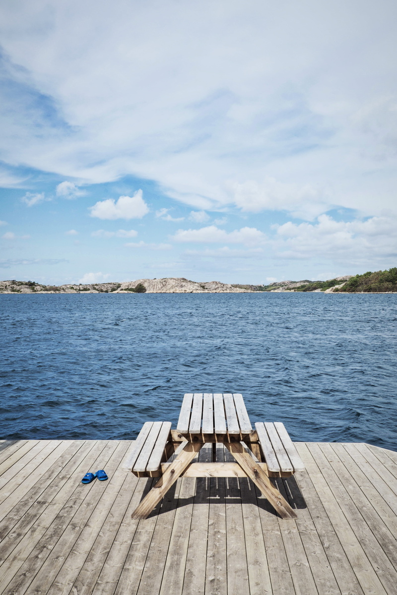 bath, shoes, sky, scandinavia, wood - material, beauty in nature, sea, blue, outdoors, wood, scenics - nature, cloud - sky, skerry, idyllic, tranquil scene