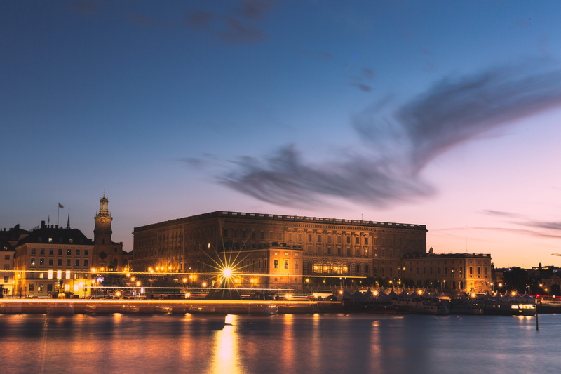 waterfront, illuminated, water, sunset, architecture, the royal palace, castle, dusk, light, stockholm, scandinavia, building exterior, 5K, nature, no people