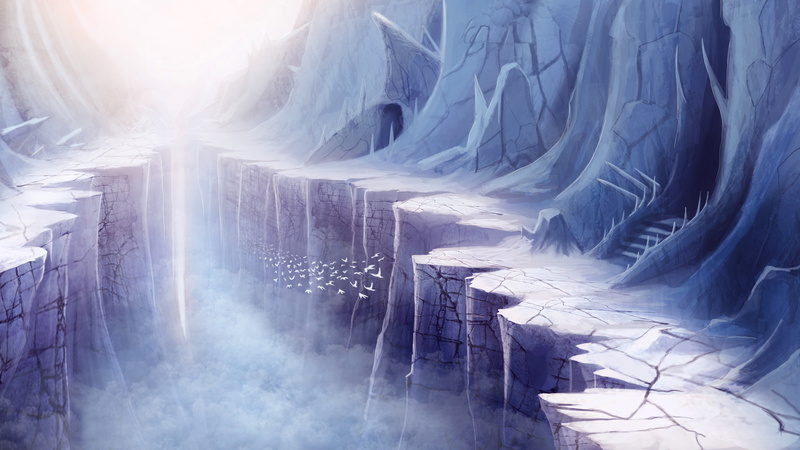 birds, gorge, snow, 2K, illustration, cave, fog, stairs, rocks, Art