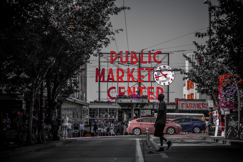 transportation, city, seattle, building, united states, architecture, outdoors, market, mode of transportation, road, real people, bicycle, street, land vehicle
