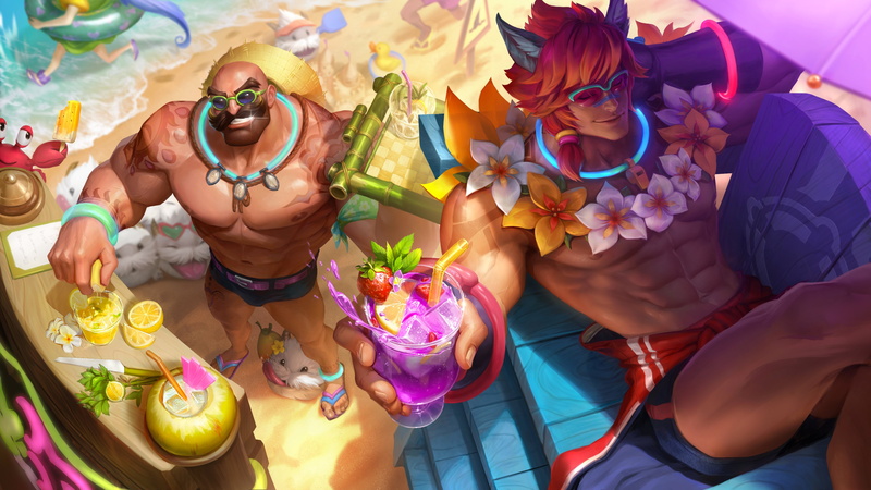 Braum (League of Legends), Sett (League of Legends), Riot Games, 4K, pool party, summer, 4K, beach, Pool Party Braum, League of Legends, digital art