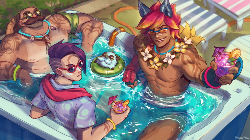 Aphelios (League of legends), Pool Party Sett, tattoo, guys, MKUCHIMA, Riot Games, fan art, sunglasses, Pool Party Aphelios, League of Legends, redhead