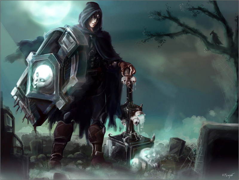 cloak, taric, male, weapon, video games, league of legends, hood, night, illustration, 1080P, lone, games, haired, man, black, shield