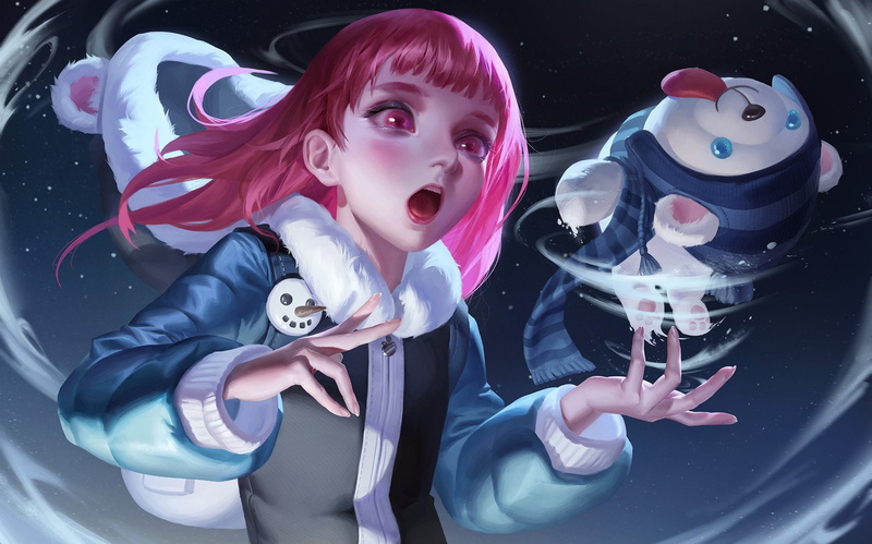 Annie (League Of Legends), clothing, child, real people, League Of Legends, people, 1080P, holding, mouth, looking at camera, indoors, front view, representation