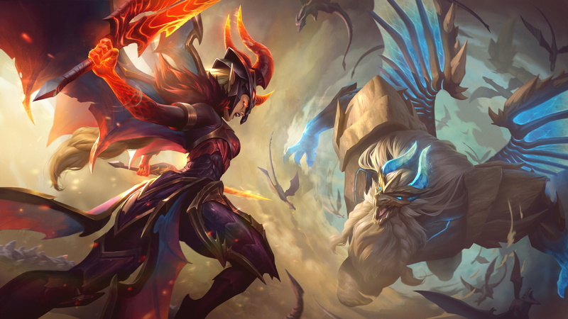 Galio (League of Legends), Kayle, 4K, 8K, dragon, Kayle (League of Legends), League of Legends, fire, Riot Games, Galio