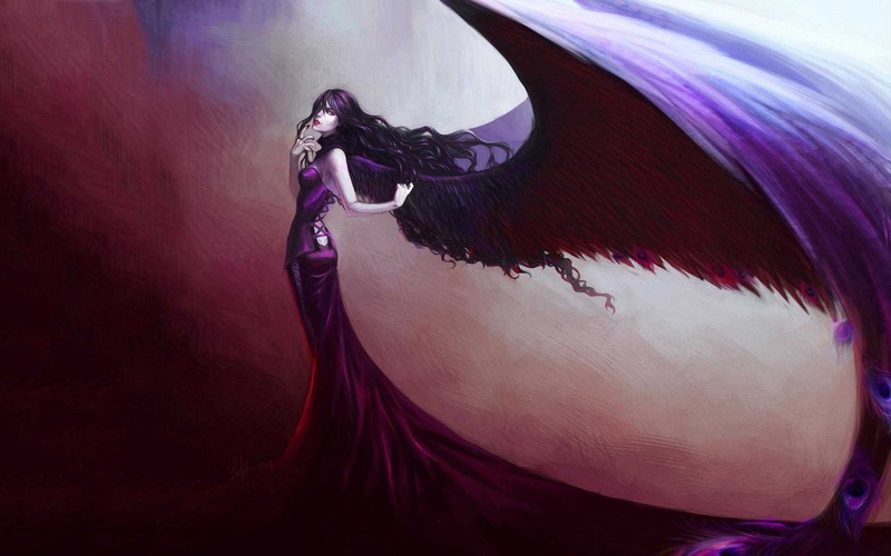purple, human body part, indoors, fantasy art, human face, black hair, young adult, body part, one person, headshot, fashion, portrait, Morgana (League of Legends)